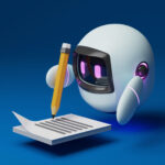 Cute robot holding a pencil to write a message on paper with blue background