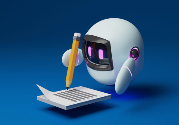 Cute robot holding a pencil to write a message on paper with blue background