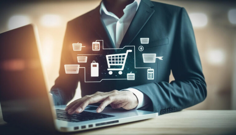 uma-pessoa-de-terno-esta-usando-um-laptop-com-um-carrinho-de-compras-na-tela